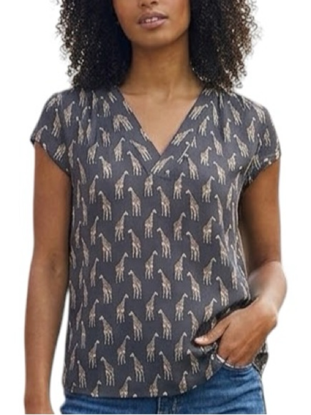 H&M Conscious Giraffe Print Pintuck V-Neck Blouse 2 Eco Boho Whimsigoth